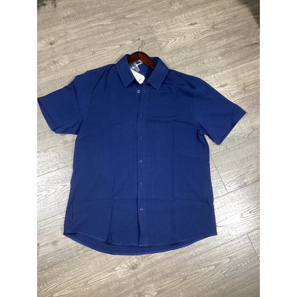 Coofandy Mens Short Sleeve Button-Down Shirt Medium 100% Polyester Navy Blue new